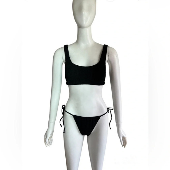 Good American Always Fits Tiny Ties Bottoms Scoop Neck Bikini Top Black 1/2 S/M - Picture 1 of 5